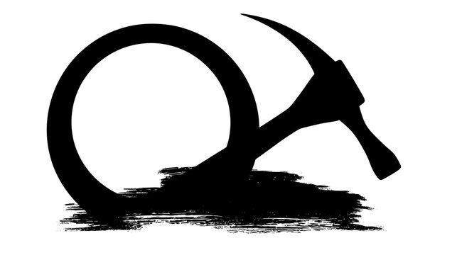 A black silhouette depicting a hammer and a circle on a white background with a painted brushstroke base