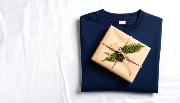 Navy sweater under brown package, adorned with greenery, sits on a white crinkled fabric background