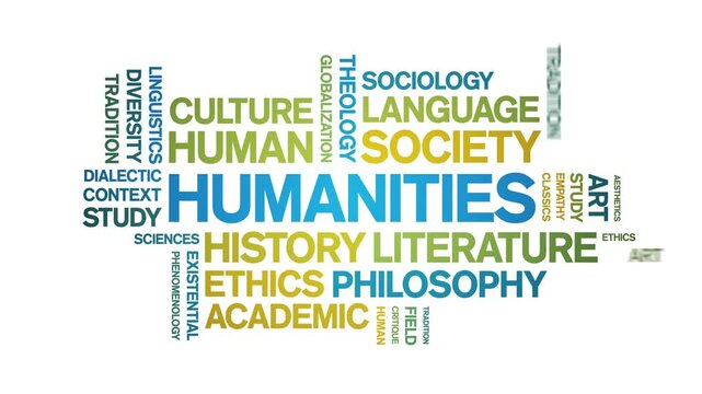 Humanities animated word cloud-text design animation tag kinetic typography seamless loop.