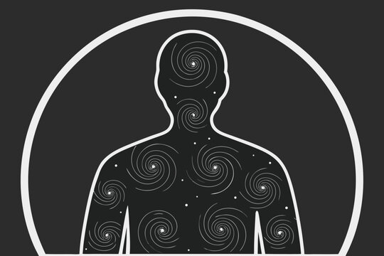 Human silhouette with swirling patterns on body and head in white outline