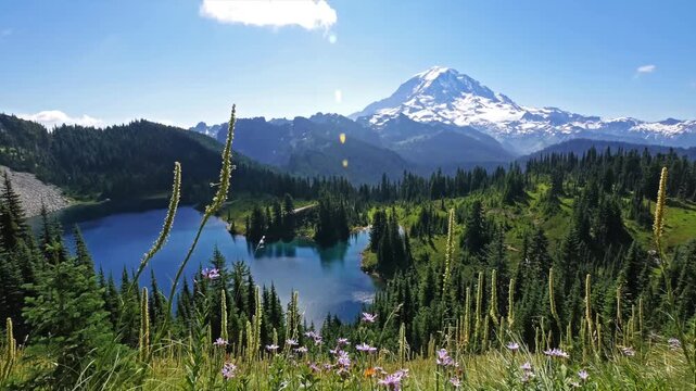 Scenic summer view of the glacier-capped Mount Rainier volcano and the clear blue Eunice Lake, surrounded by subalpine forests and wildflowers along the Tolmie Peak Trail in Mount Rainier National Par