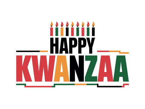 A colorful graphic design celebrating Kwanzaa with vibrant candles and traditional African colors.