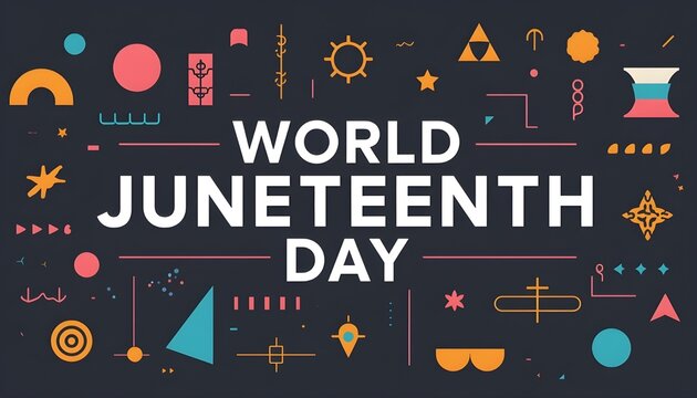 A vibrant graphic design celebrating World Juneteenth Day with colorful shapes and symbols on a dark background