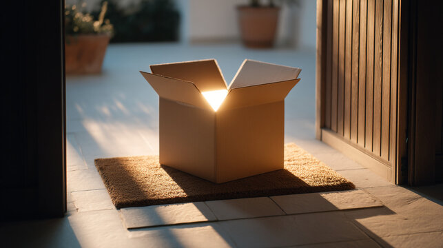 A mysterious glowing cardboard box on a welcome mat indoors