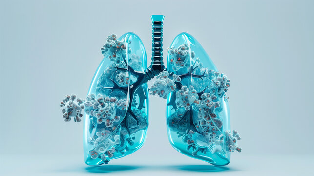 3D technological style lungs, light blue tones with pathogens such as: Streptococcus pneumoniae, Haemophilus influenzae, Moraxella catarrhalis responsible for pathologies