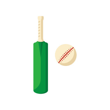 Green cricket bat and ball ready for a game.
