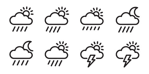 Obraz premium Outline weather symbols showing cloudy rainy stormy sunny and moonlit conditions with different precipitation types.