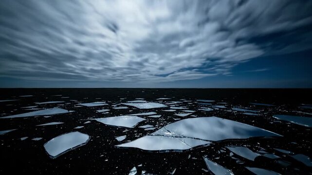 Striking ice floes landscape under dark blue sky. Nature, ice, arctic, landscape, sea, cold, blue.