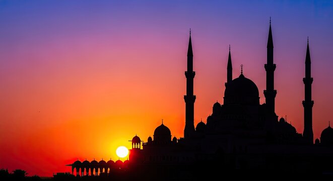 Title silhouette of the sultan ahmed mosque against a vibrant sunset sky description a striking silhouette of istanbul's blue