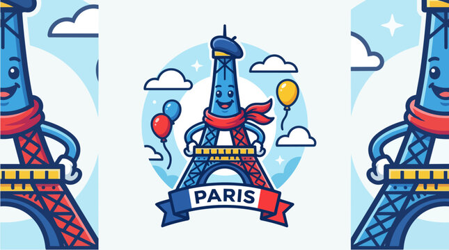 Eiffel Tower Paris Cartoon Illustration.