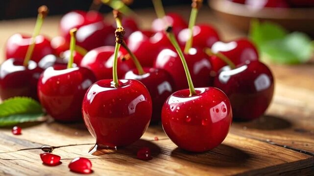 Close-up shot of fresh, ripe cherries with water droplets on a wooden cutting board, perfect for culinary themes.