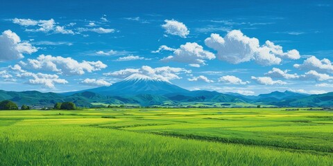 Obraz premium Summer panoramic view of green grass in park with trees, blue sky and shining sun, wide-angle high-resolution real scene landscape. Perfect for nature background, travel blog, outdoor advertising, sea