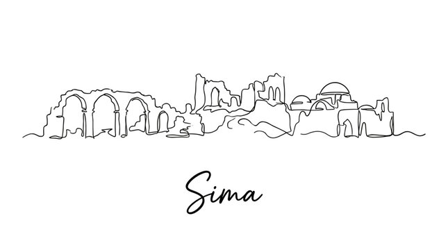 Sima Greece ancient city skyline ruins arches continuous line drawing vector illustration