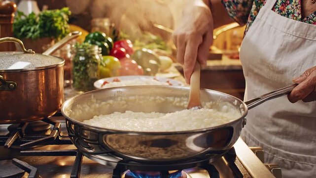 Close-up of a woman's hands stirring creamy Italian risotto with a wooden spoon in a stainless steel pan on a gas stove burner with blue flames in a cozy rustic home kitchen.