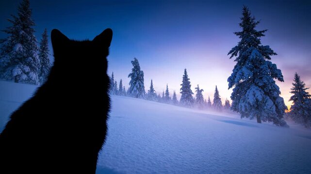 Silhouette of wolf in snowy winter landscape with snow covered trees at dusk, winter scene.