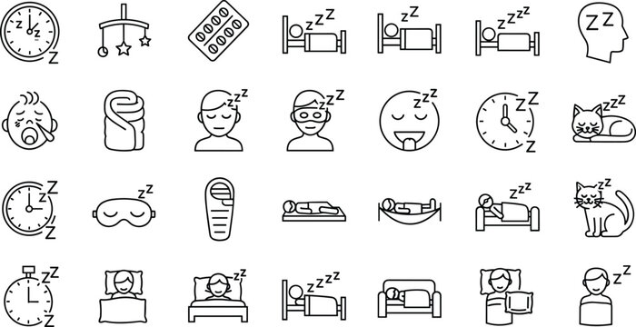 Minimal thin line sleep bedtime and insomnia icon set with sleeping people cat clock mask pillow night routine symbols collection