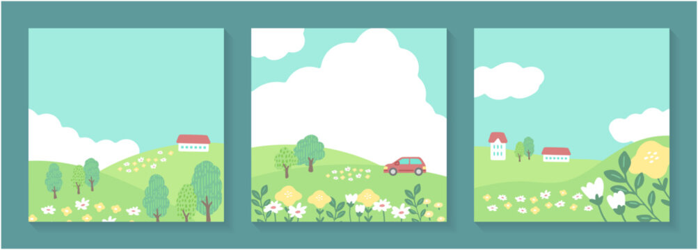 朝の丘と花畑を3つのフレームで見せる手描き風 landscape　家と車と木を配置した連作風のゆるいベクター背景