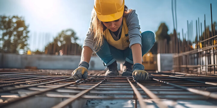 Female construction worker crouching on steel rebar at site | Woman in hard hat working on building foundation | Female builder inspecting reinforcement bars