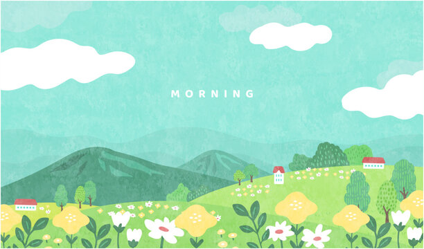 やわらかな朝空と白い雲の下に広がる花咲く丘の手描き風 landscape　山と家を遠景に入れた明るいベクター背景
