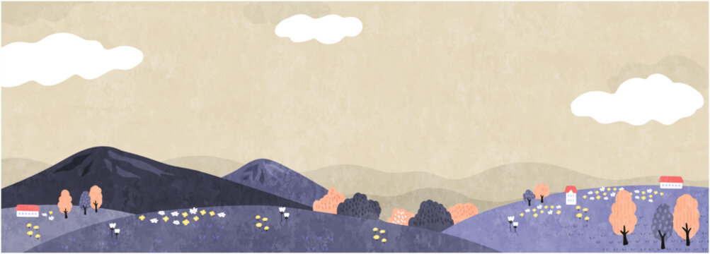 くすみベージュの空と紫の丘が広がる静かな手描き風 landscape　小さな家と木々を点在させた横長ベクター背景