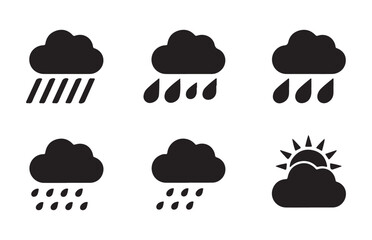 Obraz premium Comprehensive weather icon set displaying various rainfall intensities and sunny intervals behind cloud.