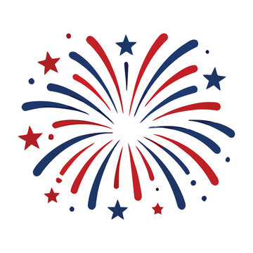 Red and blue firework burst illustration featuring radiating lines, scattered stars, and decorative dots on a white background, patriotic pyrotechnic display for American holidays.
