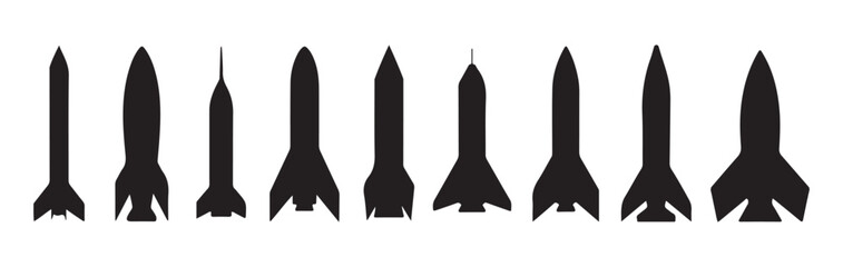 Fototapeta premium Set of black simple silhouette rocket designs, spacecrafts for exploration, space travel, and military purposes.