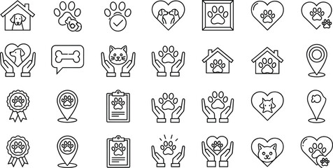 Pet care editable stroke outline icon set featuring paw prints veterinary grooming adoption protection animal love vector symbol collection ©  GraphixaX