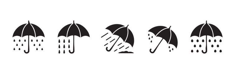 Collection of black rain and umbrella icons, illustrating weather protection against various downpours. © Habib Stocker