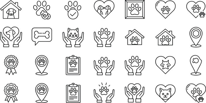 Pet care editable stroke outline icon set featuring paw prints veterinary grooming adoption protection animal love vector symbol collection