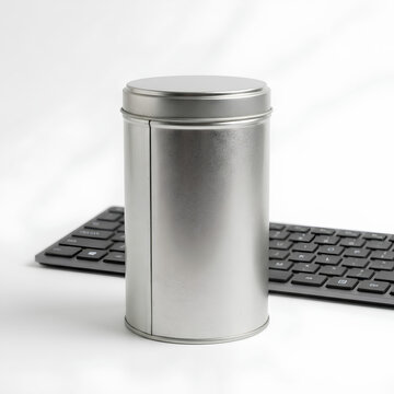 Silver cylindrical container stands near a black computer keyboard on a white surface.