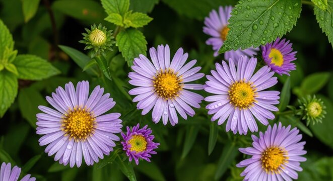 Purple and white flowers with green leaves in a garden setting.