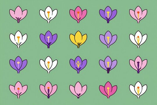 A bunch of different colored crocuses on a green background