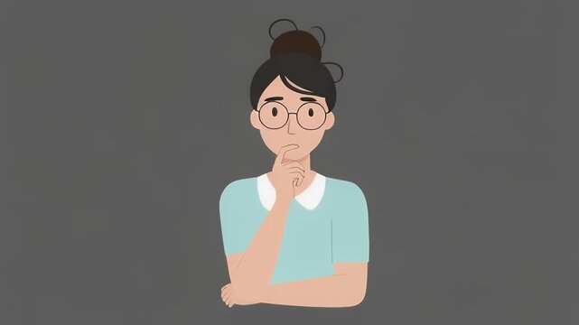 Thoughtful Woman in Glasses Pondering a Problem, Cartoon Illustration