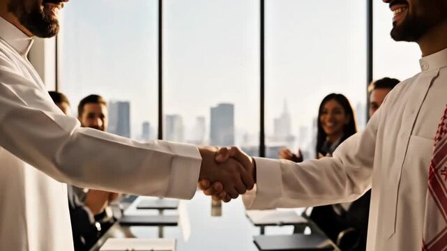 Ultra-realistic 4K cinematic footage of two Middle Eastern businessmen in traditional white kandura and ghutra shaking hands firmly in a modern glass corporate meeting room, close-up on hands