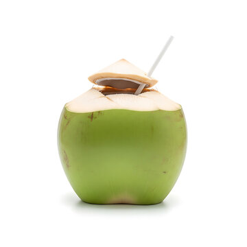 Fresh green coconut with straw isolated on white background