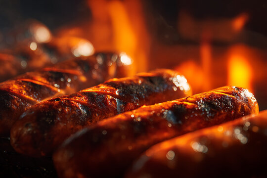 Sausages are being grilled over an open flame