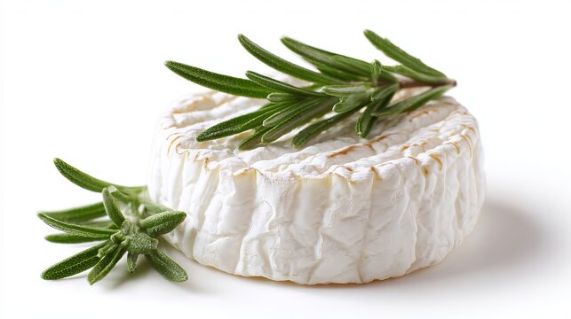 A round of brie cheese with rosemary on a white background