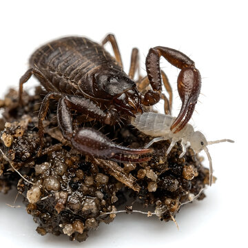 Close-up Photo of a Pseudoscorpion with a Springtail on a Piece of Soil
