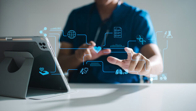 Doctor or scientist using a tablet with AI, science, and medical icons for research, diagnosis, and innovation in health technology.