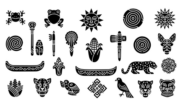 Detailed 16 Taino symbols solid icon set with cultural, historical, and indigenous illustrations