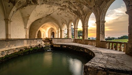 Obraz premium Old arched stone building with green water pool inside, leading to sunny outdoor scenery