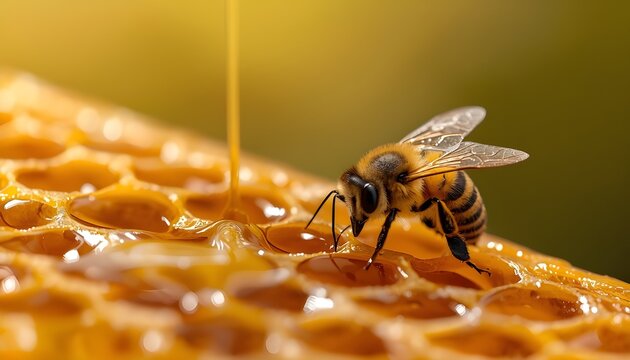 A bee collecting honey from a honeycomb in a natural setting