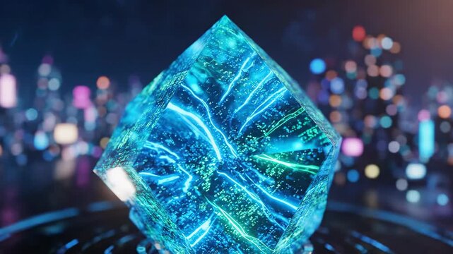 Abstract blue cube with digital technology and energy against city night lights.