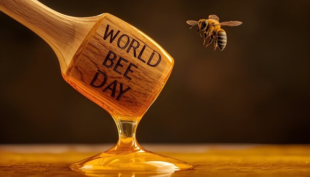 A honey dipper with World Bee Day written on it, with a bee flying nearby.