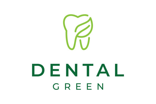 Dental green logo shows a stylized tooth design combined with a fresh green leaf symbolizing natural and eco friendly dental care