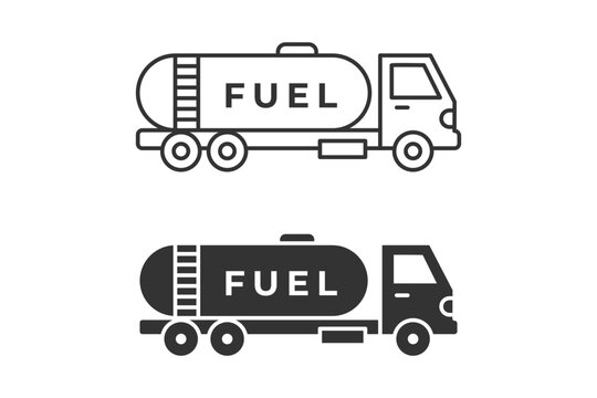 Fuel tank truck icon depicted in both outline and solid fill designs for transport and industrial themes