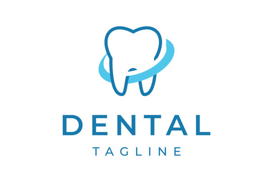 Dental tooth logo showcasing a clean design with a blue swirl for oral health and dentistry branding