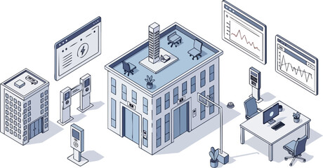 Naklejka premium Smart Building Management Isometric Illustration - PropTech Concept with Office Data Analytics, Energy Monitoring, Security Access, and Digital Workspace Infrastructure