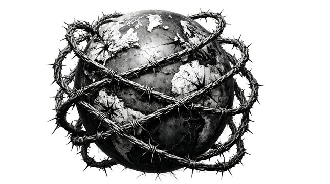Global Crisis Concept with Barbed Wire Wrapped Around Earth Globe in Black and White